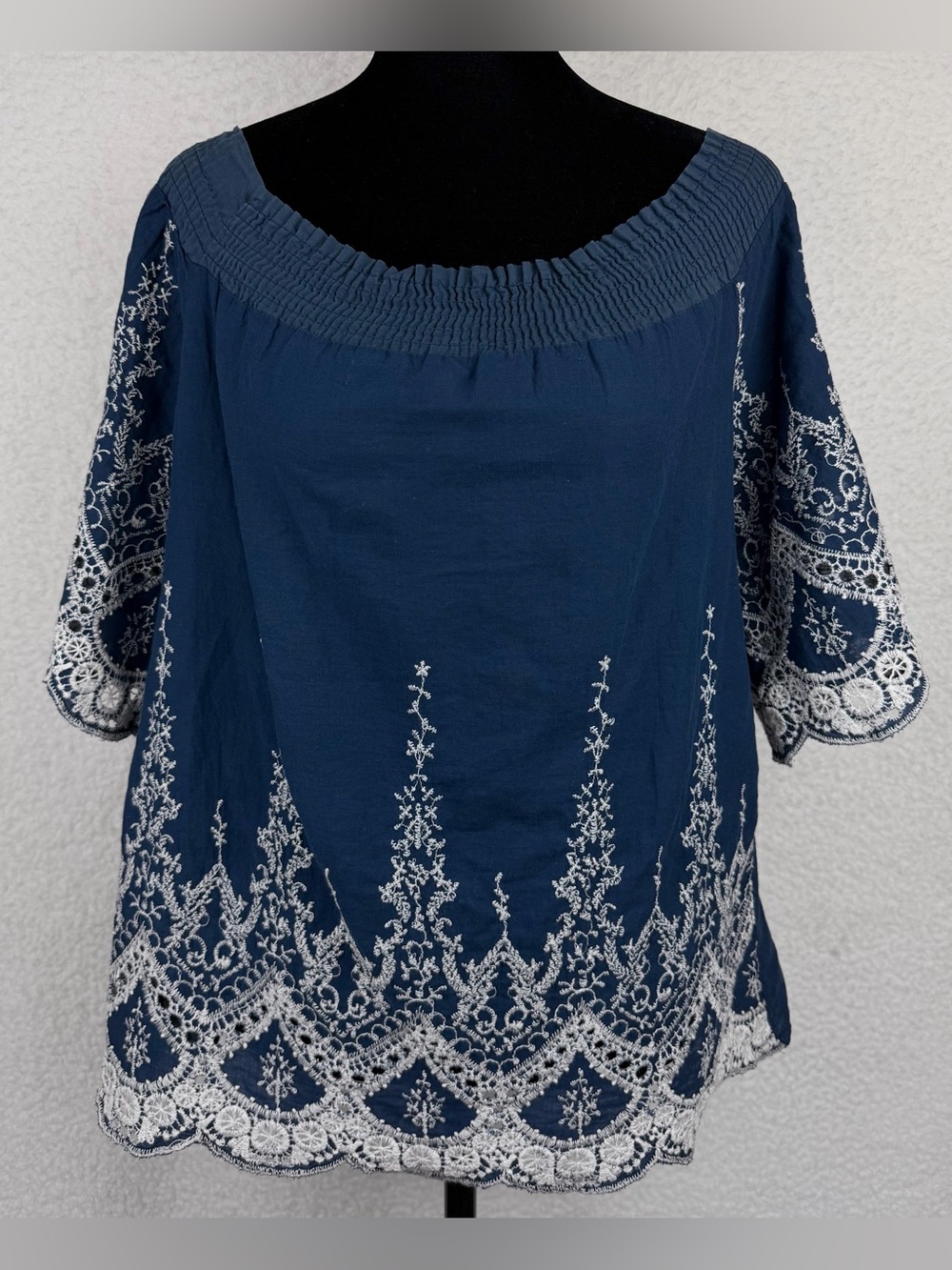 Navy Blue/White Embroidered Boho Smocked-Neck Peasant Blouse, M - Picture 10 of 10
